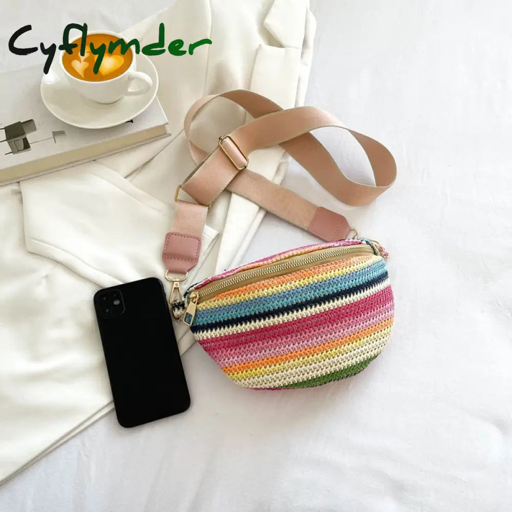 Cyflymder Colourful Stripe Straw Braid Waist Packs For Women Woven Design Bag Lady Casual Travel