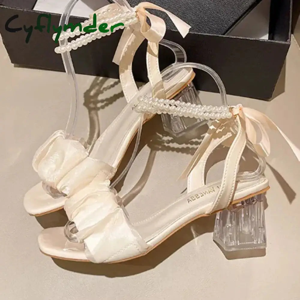 Cyflymder Comfort Shoes for Women Block Heels Pearl Sandals Med Suit Female Beige All-Match Chunky Girls Medium Clear