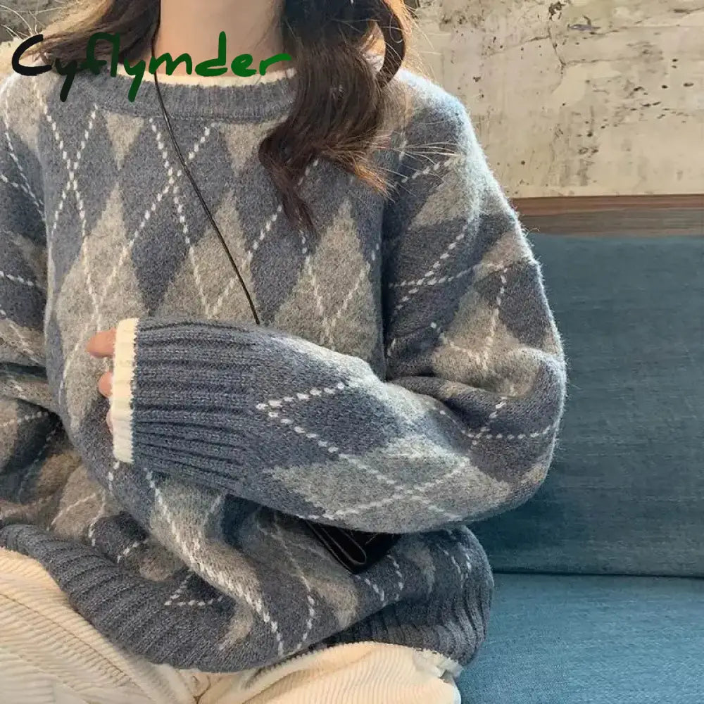 Cyflymder comfy outfits winter Winter Argyle Loose Knitted Sweater Pullovers Sweater Korean College Style Women Jumper