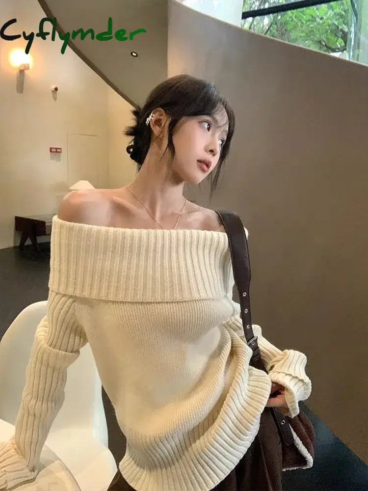 Cyflymder comfy outfits winter Vintage Off Shoulder Sweater Women Solid Elegant Sexy Knitwear Long Sleeve Jumper Slash