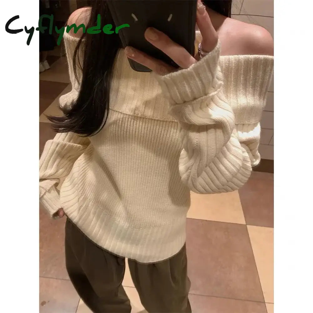Cyflymder comfy outfits winter Vintage Off Shoulder Sweater Women Solid Elegant Sexy Knitwear Long Sleeve Jumper Slash