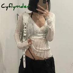 Coquett Y2K Women's Knit Sweater Hollow Out Knitwear V Neck Pullovers Spring See Through Jumper Harajuku Fashion Grunge