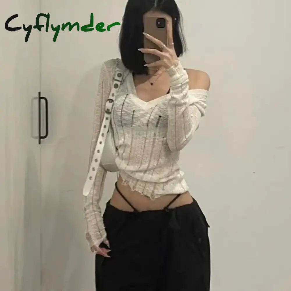 Cyflymder Coquett Y2K Women’s Knit Sweater Hollow Out Knitwear V Neck Pullovers Spring See