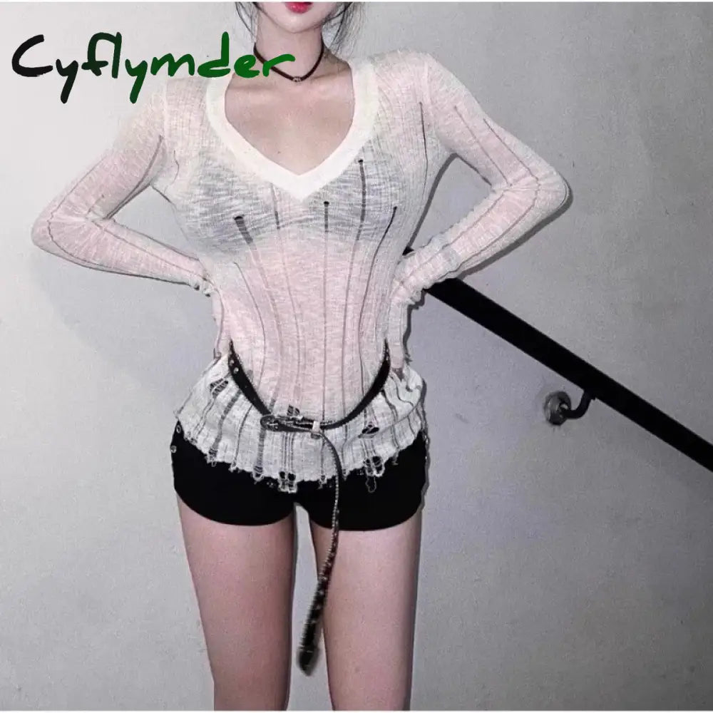 Cyflymder Coquett Y2K Women’s Knit Sweater Hollow Out Knitwear V Neck Pullovers Spring See