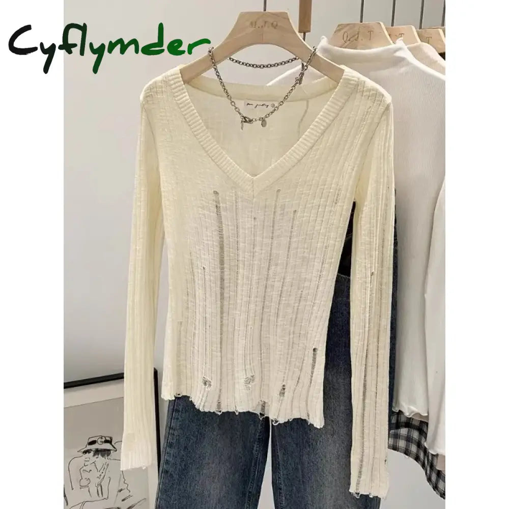 Cyflymder Coquett Y2K Women’s Knit Sweater Hollow Out Knitwear V Neck Pullovers Spring See