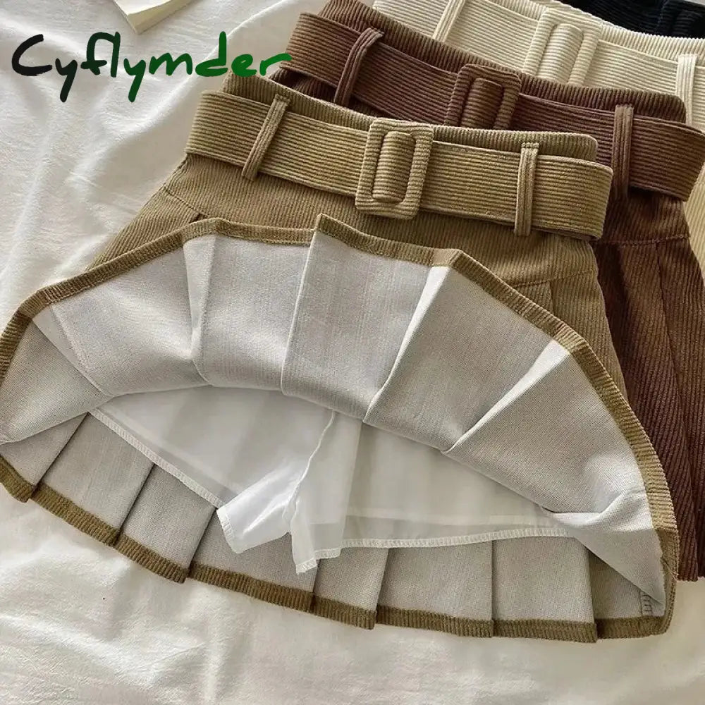 Cyflymder Corduroy Pleated Mini Skirts Women High Waist Preppy Style Slim Short Korean Fashion