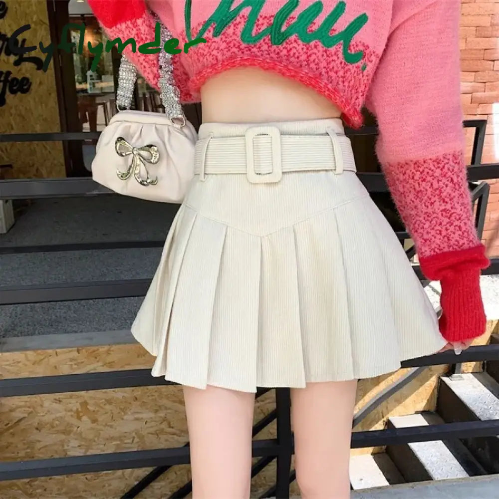 Cyflymder Corduroy Pleated Mini Skirts Women High Waist Preppy Style Slim Short Korean Fashion