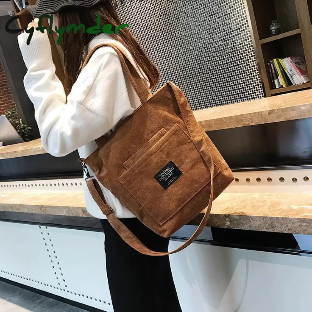 Cyflymder Corduroy Shoulder Bags Striped Cloth Fabric Handbags Casual Zip Tote Canvas Crossbody Bag