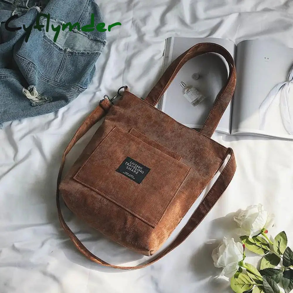 Cyflymder Corduroy Shoulder Bags Striped Cloth Fabric Handbags Casual Zip Tote Canvas Crossbody Bag