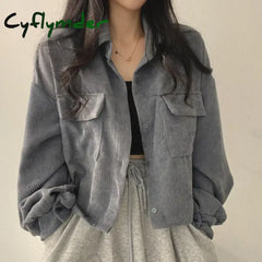 Corduroy Women Casual Shirts Autumn Korean Retro Pockets Female Blouse Bandage All Match Long Sleeve Ladies Ladies Crop Tops