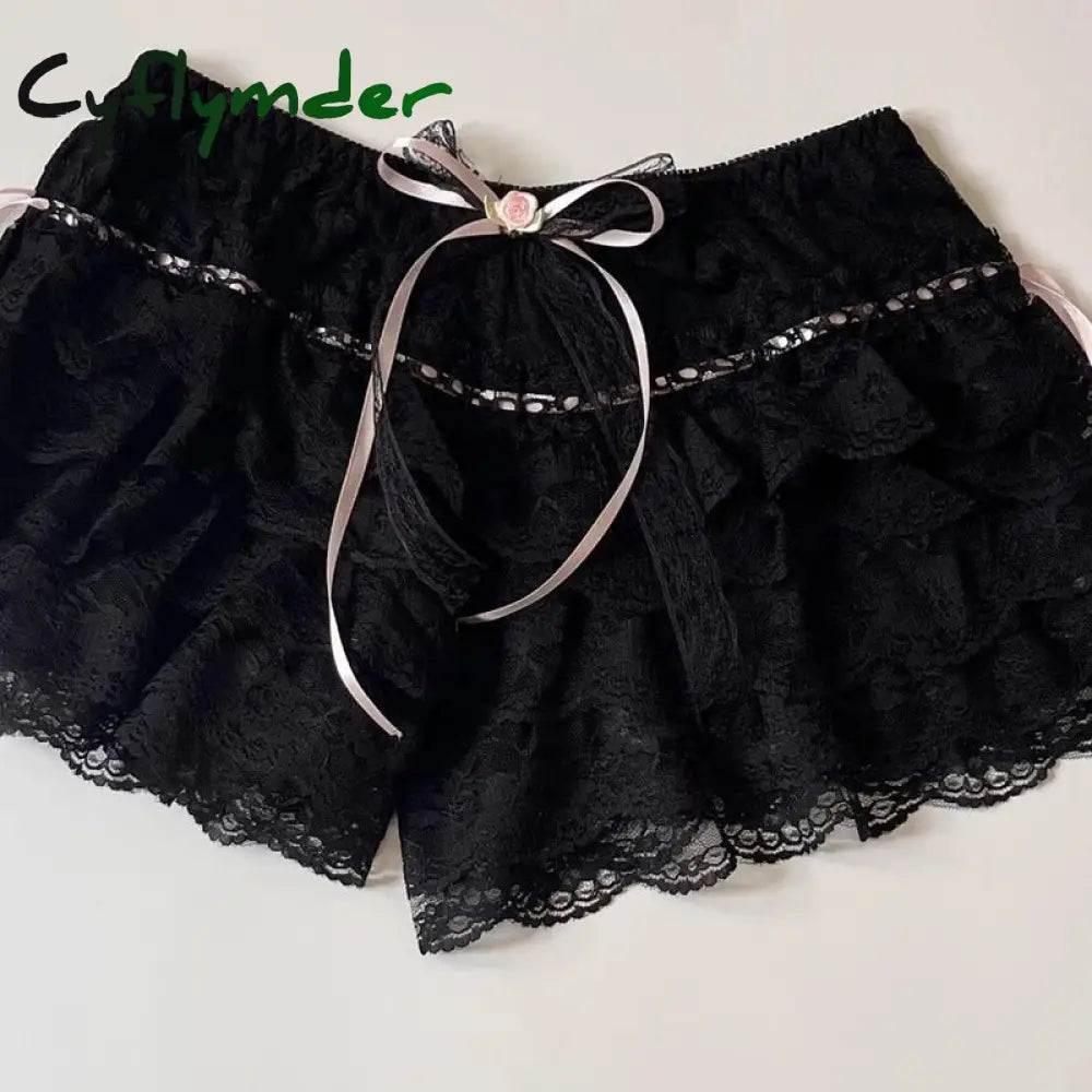 Cyflymder Cottage Coquette Y2K 00S Vintage Shorts Women Kawaii Lace Trim Multi-Layers Bottoms