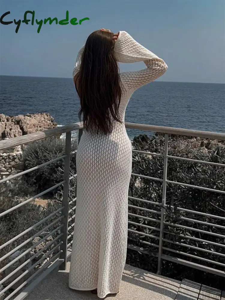 Cyflymder - Cover Up Long Sleeve Open Back Dress Sweater Dresses