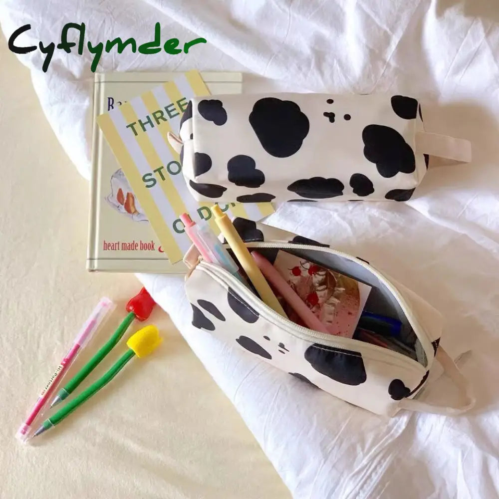 Cyflymder Cow Print Pencil Case Bag Storage Pouch Simple Stationery Holder For Middle High School