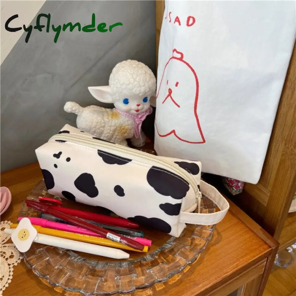 Cyflymder Cow Print Pencil Case Bag Storage Pouch Simple Stationery Holder For Middle High School