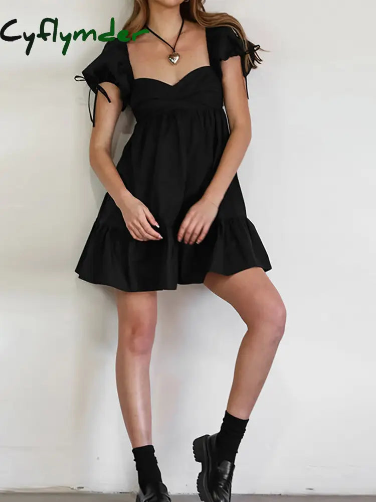 Cyflymder - Cowboy Puff Sleeve Ruched Short Dress Black / S Dresses