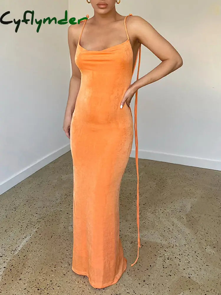 Cyflymder - Cowl Neck Open Back Strap Long Dress Orange / S Knit Dresses