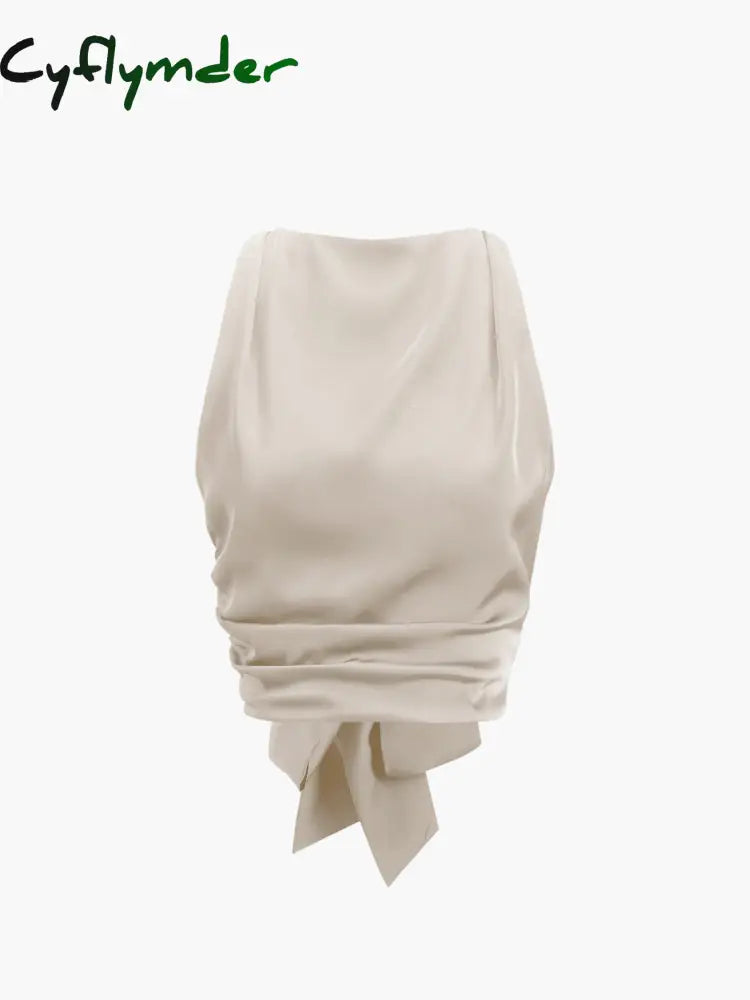 Cyflymder - Cowl Neck Ruched Open Back Crop Top Apricot / Xs Tank Tops & Camis