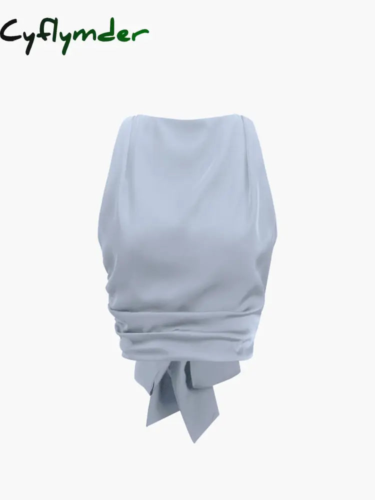 Cyflymder - Cowl Neck Ruched Open Back Crop Top Blue / Xs Tank Tops & Camis