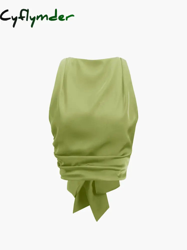 Cyflymder - Cowl Neck Ruched Open Back Crop Top Green / Xs Tank Tops & Camis