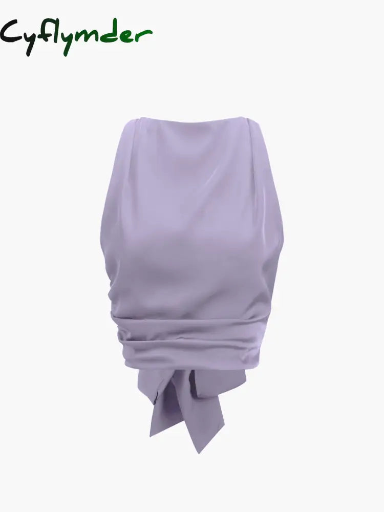 Cyflymder - Cowl Neck Ruched Open Back Crop Top Purple / Xs Tank Tops & Camis