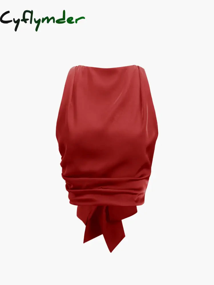 Cyflymder - Cowl Neck Ruched Open Back Crop Top Red / Xs Tank Tops & Camis