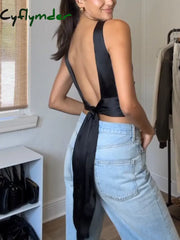 Cyflymder - Cowl Neck Ruched Open Back Crop Top Tank Tops & Camis