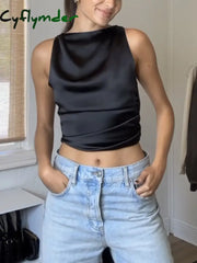 Cyflymder - Cowl Neck Ruched Open Back Crop Top Tank Tops & Camis