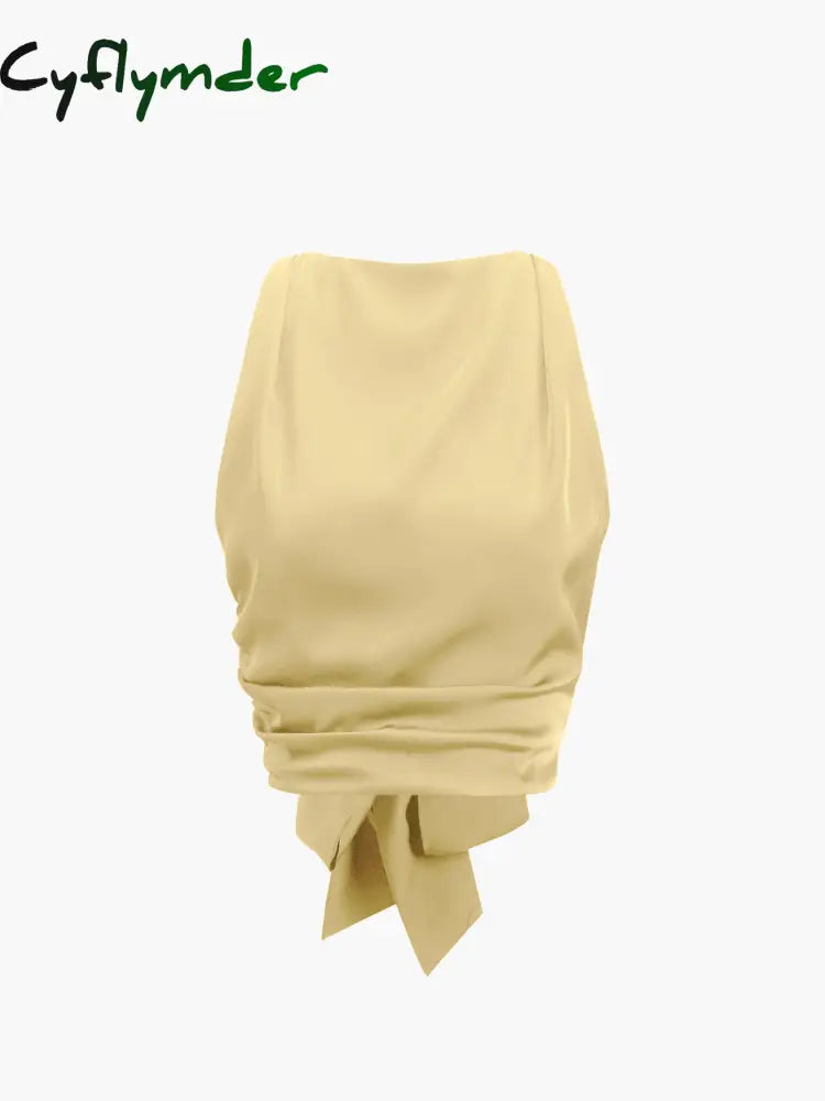 Cyflymder - Cowl Neck Ruched Open Back Crop Top Yellow / Xs Tank Tops & Camis