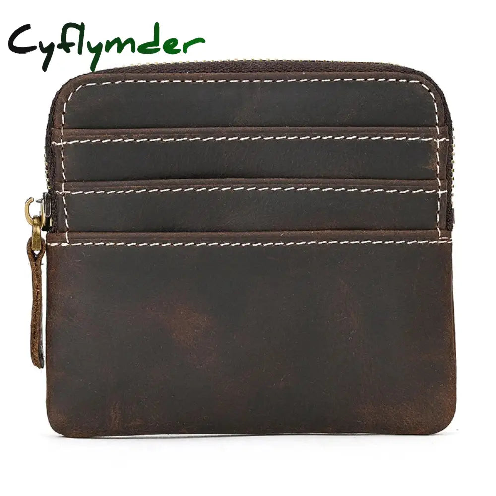 Cyflymder Crazy Horse Leather Men Zipper Coin Purse Card Holder Short Wallet Women Man Mini Clutch