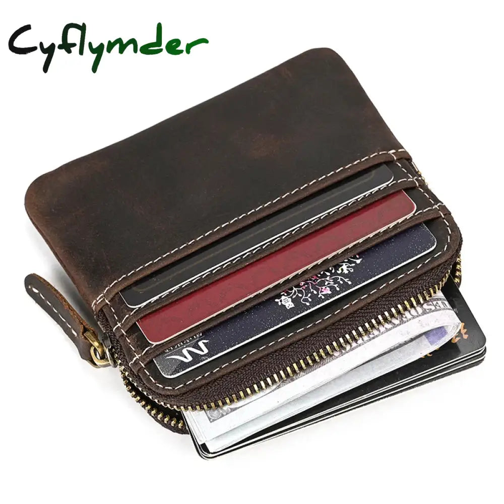 Cyflymder Crazy Horse Leather Men Zipper Coin Purse Card Holder Short Wallet Women Man Mini Clutch