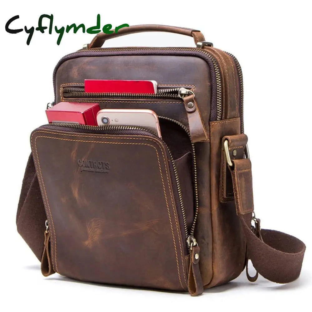 Cyflymder Crazy Horse Leather Men’s Shoulder Bag Vintage Messenger Bags Men Bolsos Male Crossbody