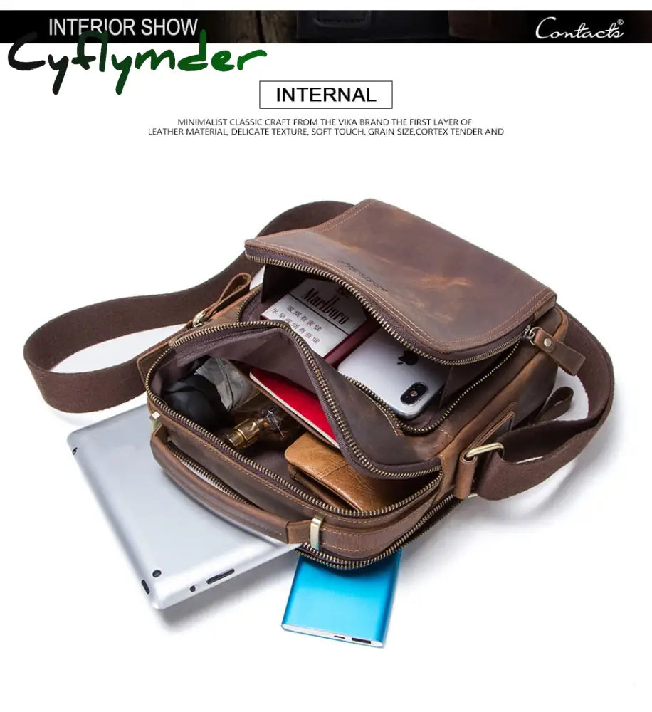 Cyflymder Crazy Horse Leather Men’s Shoulder Bag Vintage Messenger Bags Men Bolsos Male Crossbody