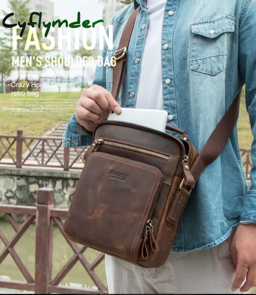 Cyflymder Crazy Horse Leather Men’s Shoulder Bag Vintage Messenger Bags Men Bolsos Male Crossbody