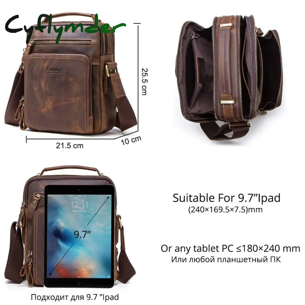 Cyflymder Crazy Horse Leather Men’s Shoulder Bag Vintage Messenger Bags Men Bolsos Male Crossbody