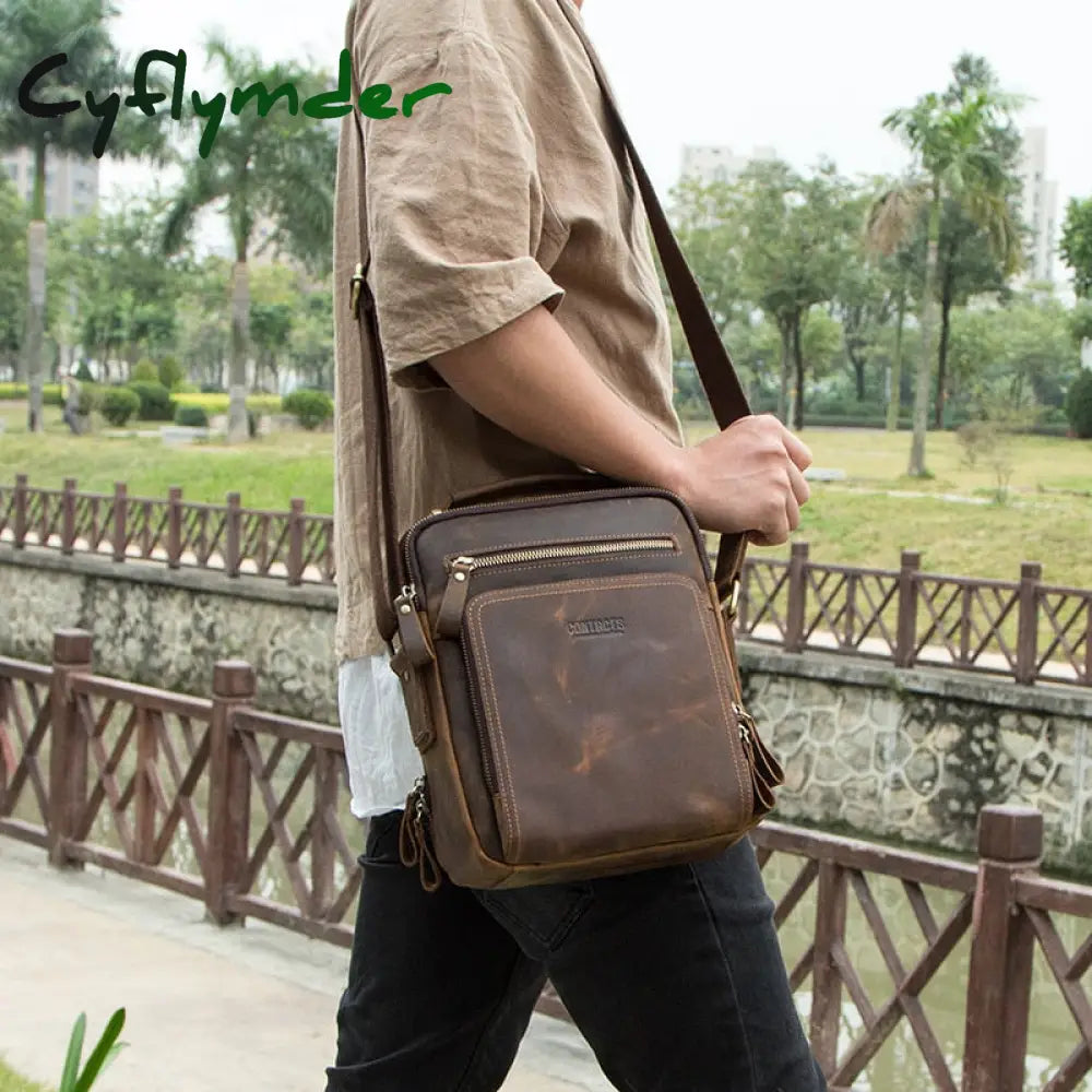 Cyflymder Crazy Horse Leather Men’s Shoulder Bag Vintage Messenger Bags Men Bolsos Male Crossbody