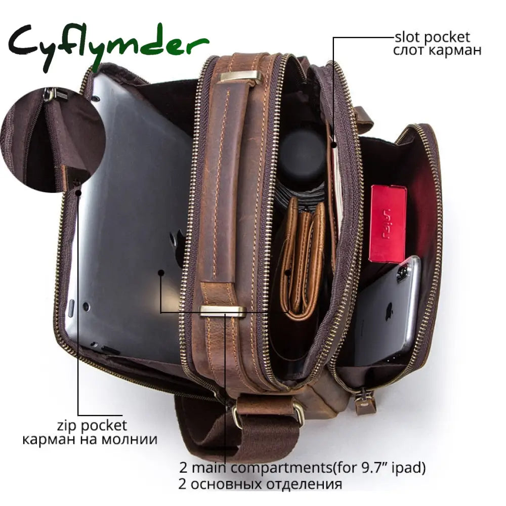 Cyflymder Crazy Horse Leather Men’s Shoulder Bag Vintage Messenger Bags Men Bolsos Male Crossbody