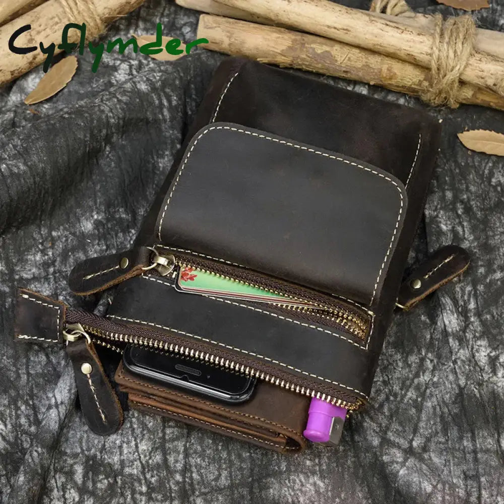 Cyflymder Crazy Horse Leather Waist Belt Bag Multifunction Casual Daily Wait Pack Small Messenger