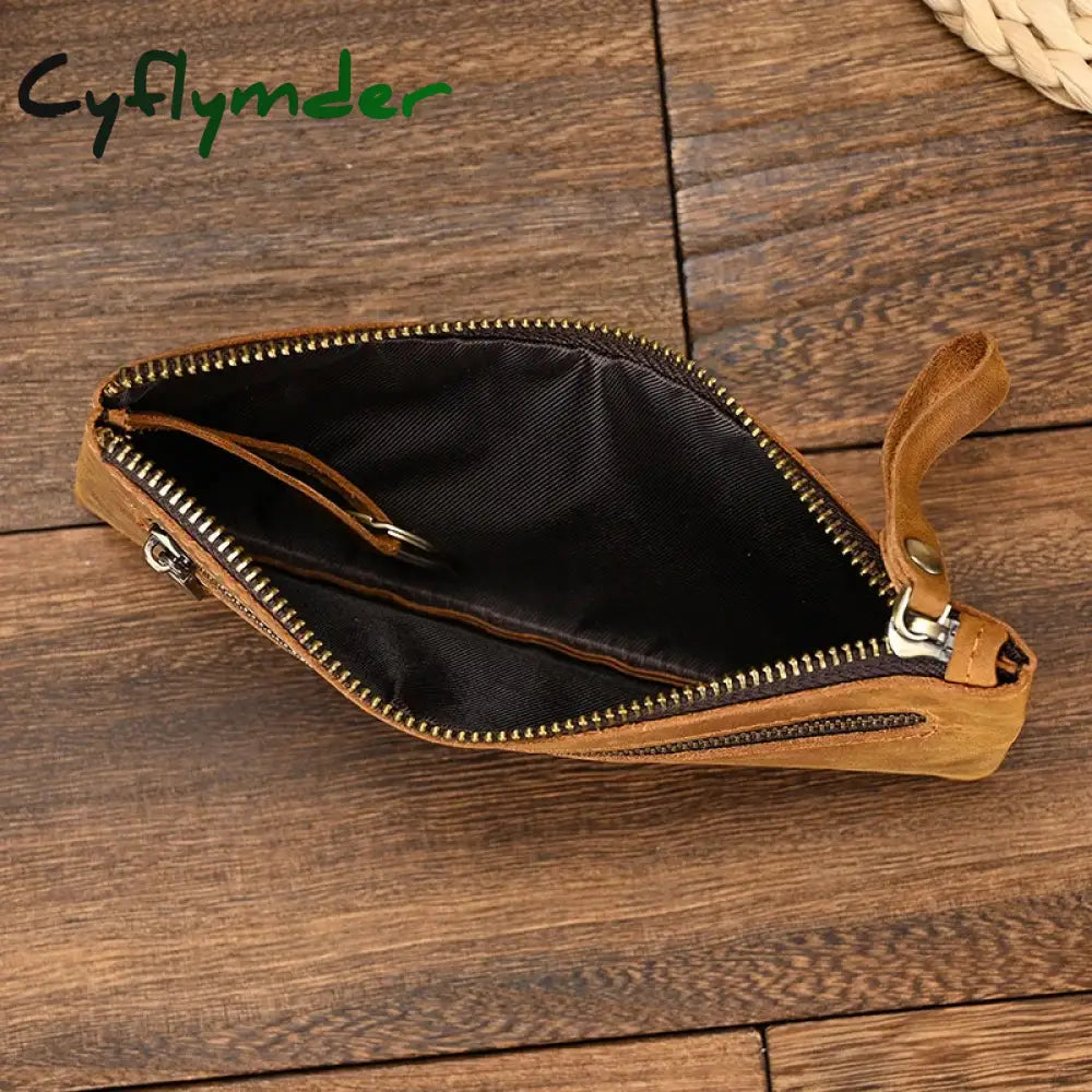 Cyflymder Crazy Horse Leather Zipper Wallet Simple Style Coin Purse With Key Chain For Car Key Purse Genuine Leather