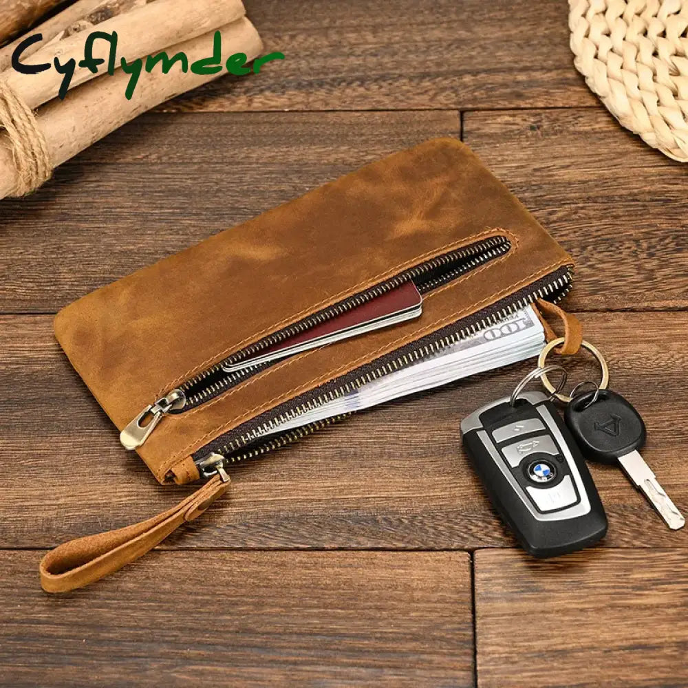 Cyflymder Crazy Horse Leather Zipper Wallet Simple Style Coin Purse With Key Chain For Car Key Purse Genuine Leather