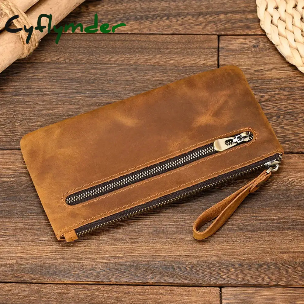 Cyflymder Crazy Horse Leather Zipper Wallet Simple Style Coin Purse With Key Chain For Car Key Purse Genuine Leather