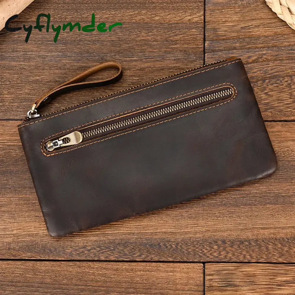 Cyflymder Crazy Horse Leather Zipper Wallet Simple Style Coin Purse With Key Chain For Car Key Purse Genuine Leather
