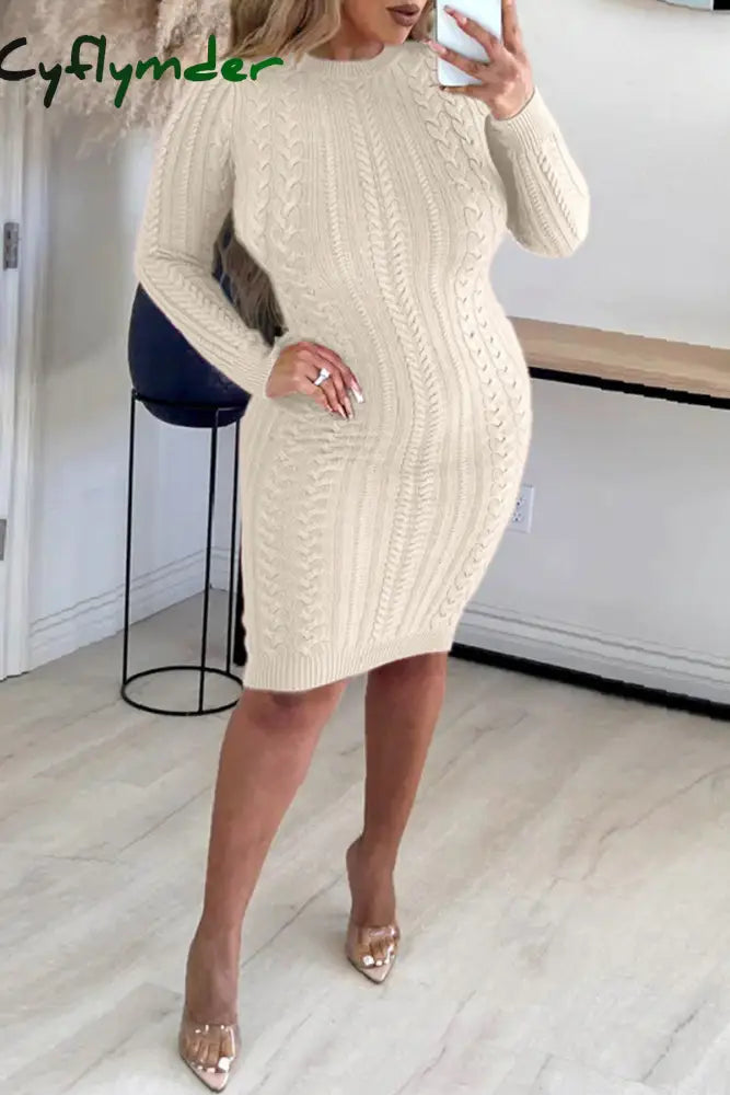 Cyflymder - Cream White Casual Solid Backless O Neck Long Sleeve Dresses