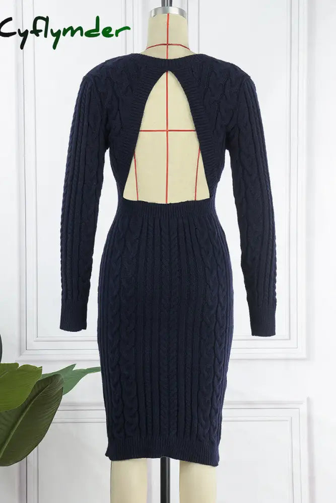 Cyflymder - Cream White Casual Solid Backless O Neck Long Sleeve Dresses