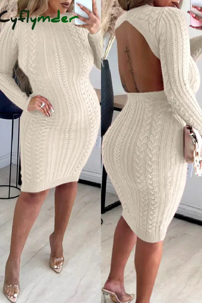 Cyflymder - Cream White Casual Solid Backless O Neck Long Sleeve Dresses
