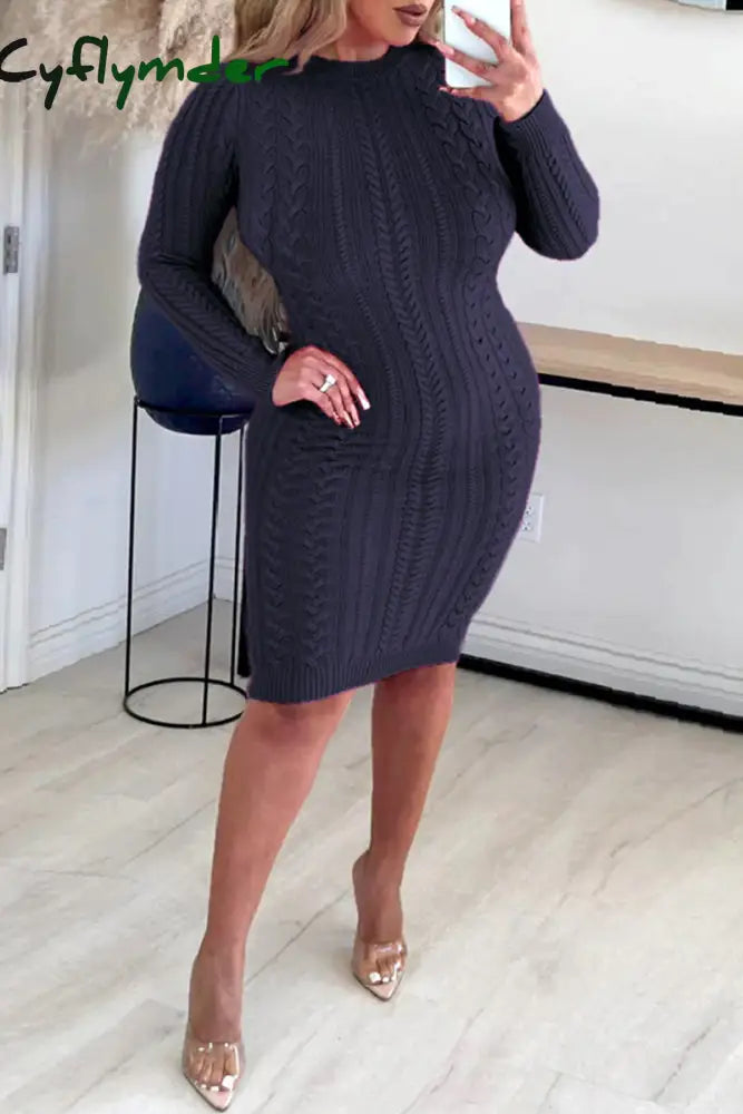 Cyflymder - Cream White Casual Solid Backless O Neck Long Sleeve Dresses Navy Blue / S