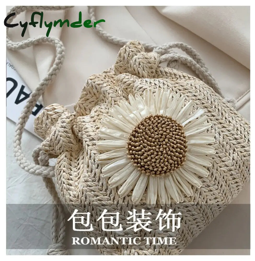 Cyflymder Creative Design Women Beach Straw Bags Classic Texture Chic Sunflower Drawstring Woven