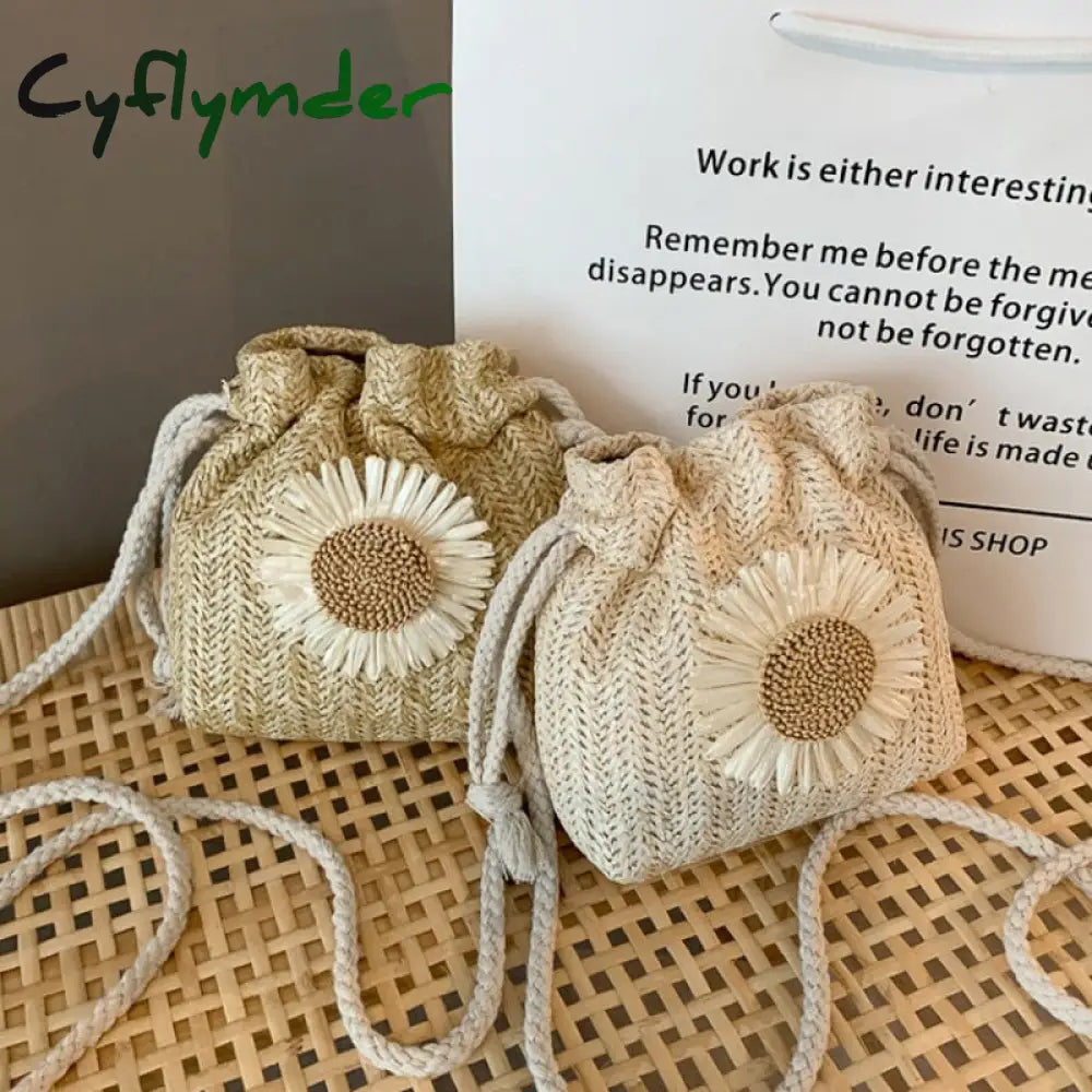 Cyflymder Creative Design Women Beach Straw Bags Classic Texture Chic Sunflower Drawstring Woven