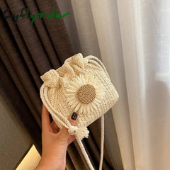 Cyflymder Creative Design Women Beach Straw Bags Classic Texture Chic Sunflower Drawstring Woven