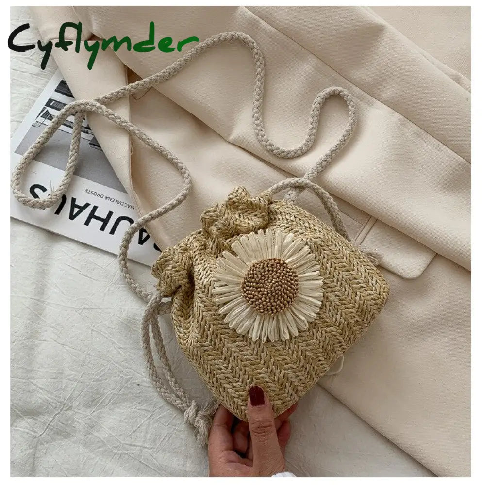 Cyflymder Creative Design Women Beach Straw Bags Classic Texture Chic Sunflower Drawstring Woven