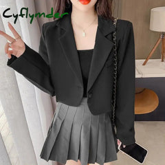 Cyflymder Cropped Blazers for Women New Korean Fashion Long Sleeve Button Up Suit Jacket Woman Elegant All Match Office